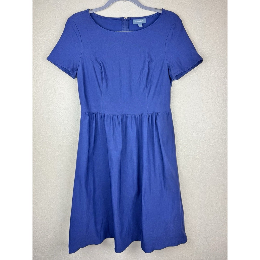 ModCloth Blue Fit Flare Dress Women's L Short Sleeve W/ Pockets Casual Interview